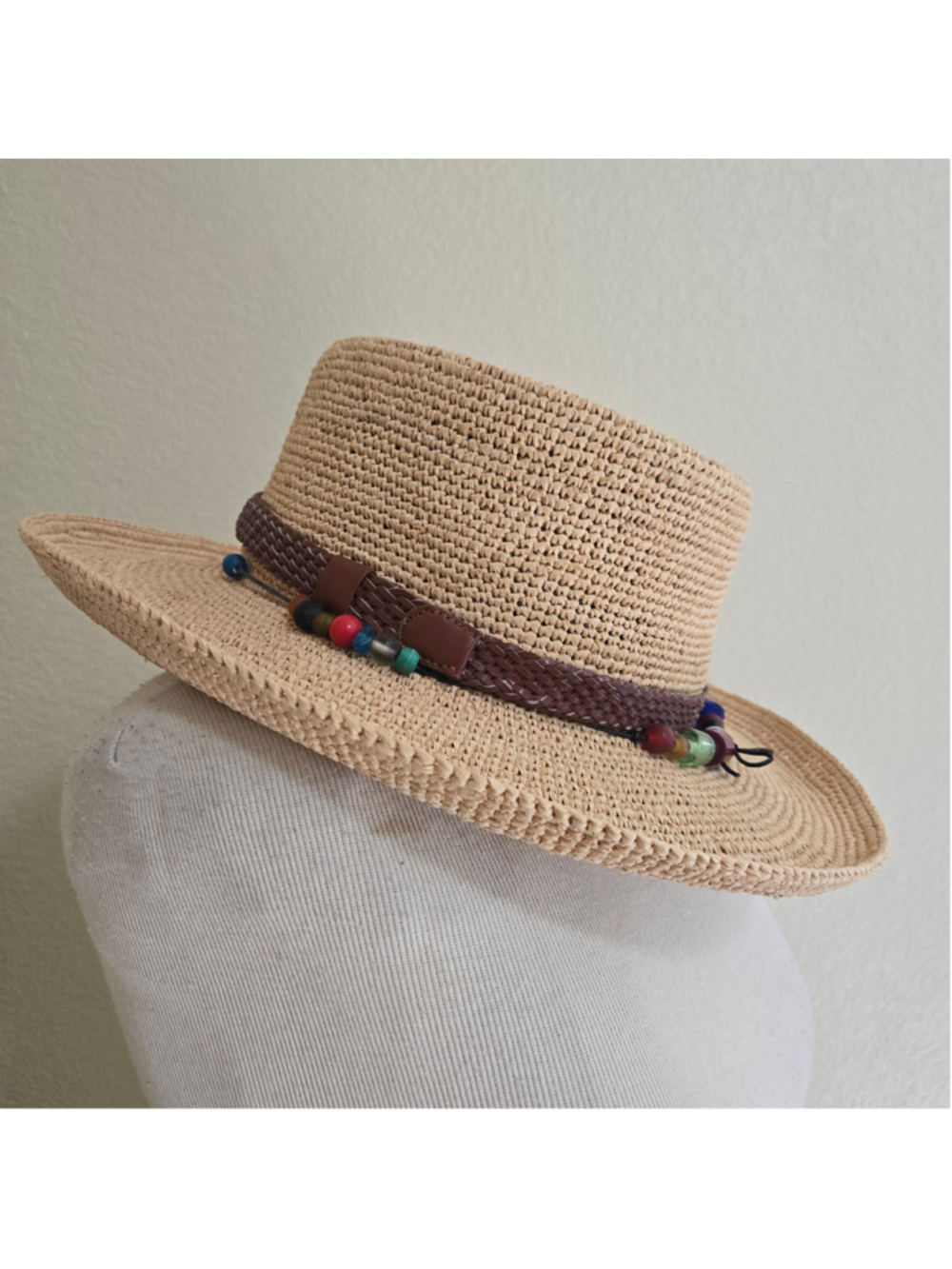 Scala Straw raffia Fedora Hat One Size Beige Brown Beaded Band